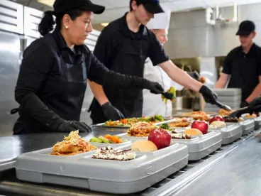 A kitchen assembly line of workers preparing food trays